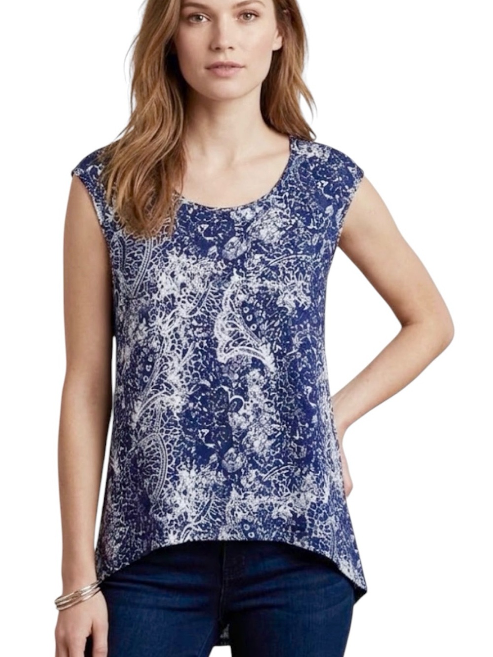 Women’s Linen Navy Blue Print Cap Sleeve Sleeveless Tank Blouse Coastal Casual M